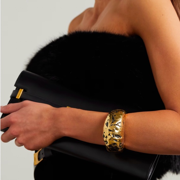 SAINT LAURENT Gold w Black Hammered Finish With Antique Look Cuff Bracelet NWOT - Picture 4 of 16
